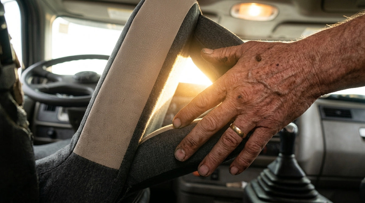 Close-up: a weathered, calloused hand sliding under the rear of the black L-shaped cushion into the coccyx gap. The hand fits comfortably; cab light is visible through the gap on the far side. Dark vinyl truck seat, low angle at seat height. Proof, not a pose.