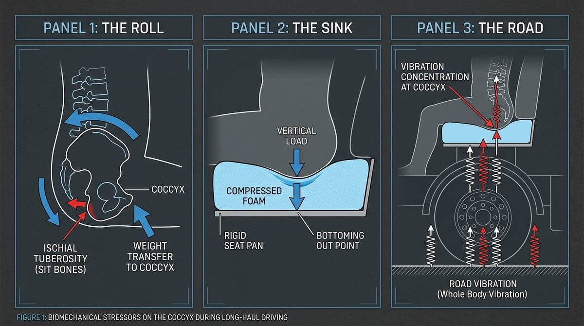 Technical three-panel diagram on a dark ground. Panel 1 “THE ROLL”: side view of a pelvis tilting backward, arrows showing weight sliding from the sit bones onto the coccyx. Panel 2 “THE SINK”: cross-section of seat foam with a compressed dip under the coccyx, arrows showing it bottoming out onto the pan. Panel 3 “THE ROAD”: vibration waves travelling up from the road through the seat into the coccyx contact point. Clean engineering style, clearly labelled, educational rather than alarming.