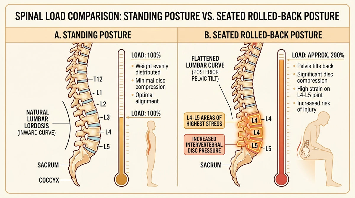 Clean comparison diagram, warm tones on a light ground: the same spine shown twice side by side. Left, standing — natural lumbar curve, load bar at 100%. Right, seated and rolled back — curve flattened, load bar at roughly 290%, with L4 and L5 highlighted. Simple, labelled, the kind of figure that would run in an occupational-health bulletin. No product.
