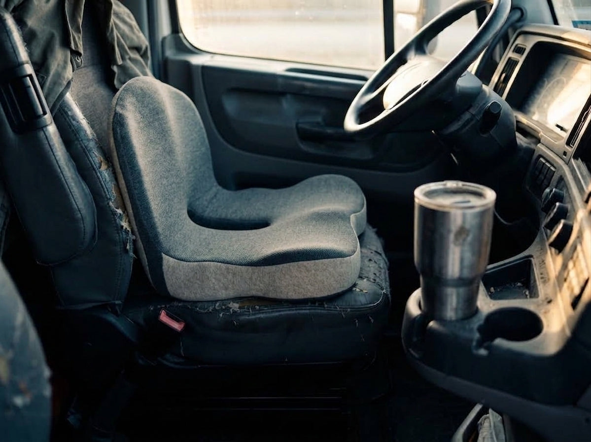 A Nemira cushion on the driver seat of a truck cab