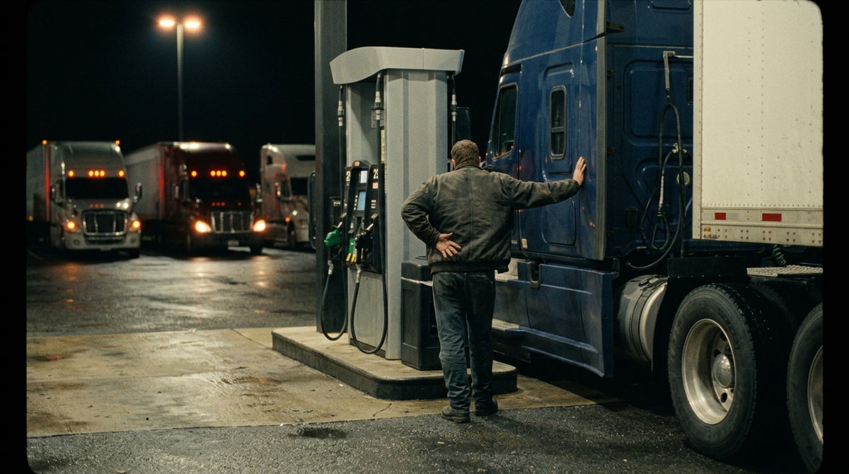 Cinematic documentary photograph: a truck stop at night, wide. A driver seen from behind stands stiffly beside his rig at a fuel island, one hand on the truck for support, the other on his lower back. Warm sodium-vapour light on wet asphalt, other trucks blurred behind. Not posed — a still from a trucking documentary. No product visible.