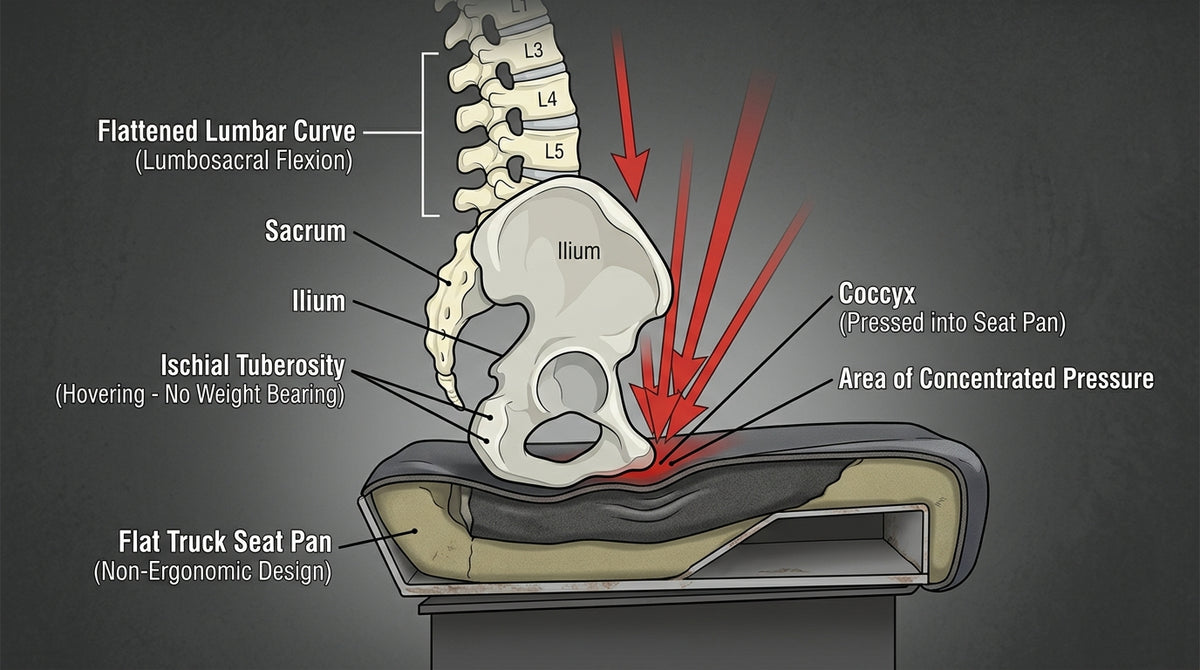 Medical cross-section: pelvis on a flat truck seat, sit bones hovering clear and unloaded, coccyx pressed into the seat pan with red load arrows converging on it, lumbar curve flattened.