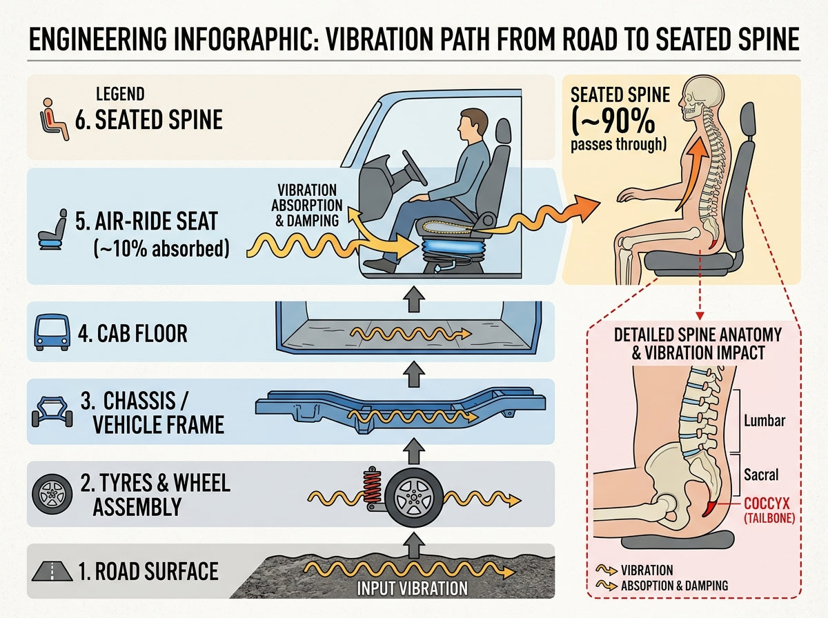 Engineering infographic: vibration path from road through tyres, chassis, cab floor, air-ride seat (~10% absorbed) into the seated spine (~90% passes through), coccyx marked in red.