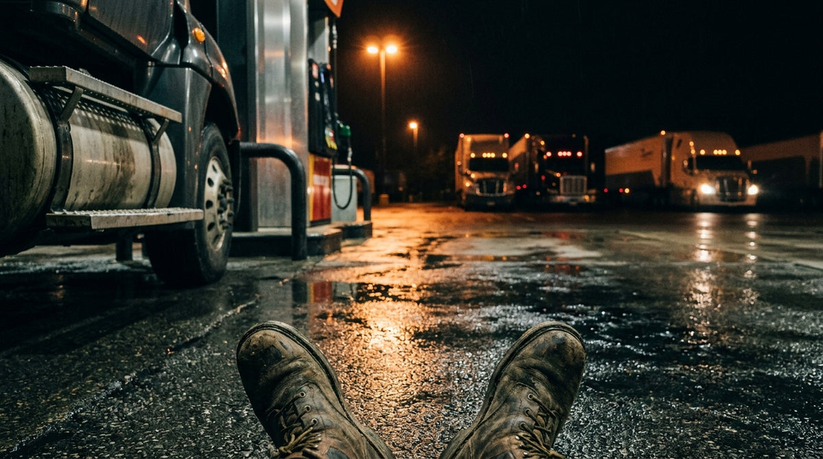 Atmospheric night photograph at ground level: a truck stop fuel island, wet asphalt reflecting sodium-vapour light, a pair of worn work boots at the bottom of frame as if the camera sits at the feet of a man standing at his rig door. Trucks behind with running lights on. Empty, late, quiet. No faces, no product.