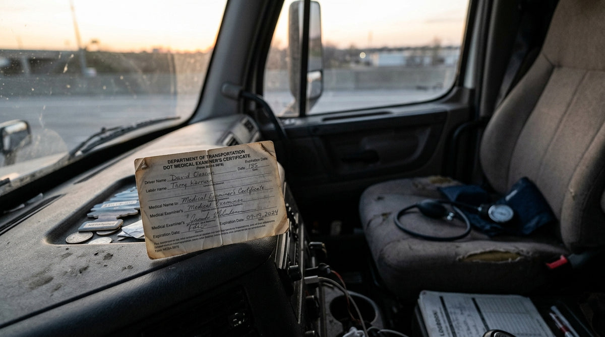 A DOT medical examiner's certificate, creased and sun-faded, propped on a semi dashboard at dusk. A blood-pressure cuff lies coiled on the passenger seat behind it. Documentary light, no styling. The card is the subject.