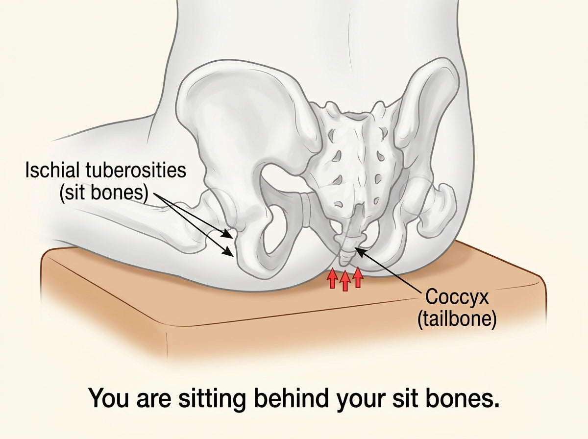 Clean medical illustration in warm tones: the pelvis viewed from the rear, seated on a flat surface. The ischial tuberosities (sit bones) are labelled, hovering above the surface and bearing no weight, with a green “designed for load” indicator. The coccyx is labelled and pressing down into the flat surface with red pressure arrows. Caption: “You’re sitting behind your sit bones.” Clean and educational, not alarming.
