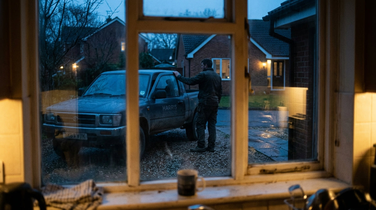 Documentary photograph, early evening, shot from inside a kitchen through the window: a man in work clothes standing beside a parked truck in the driveway, one hand still on the door frame, not yet walking. Slightly out of focus, as if seen by someone who has stopped what they were doing to watch. Warm interior light in the foreground, cool blue outside. No faces readable.