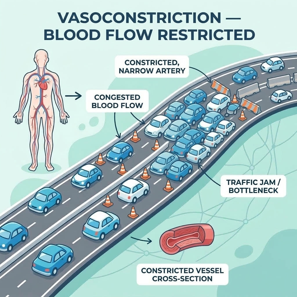 Slot 6 — Illustration. The same highway with lanes closed, a traffic jam, a bottleneck. Labelled “Reduced Blood...