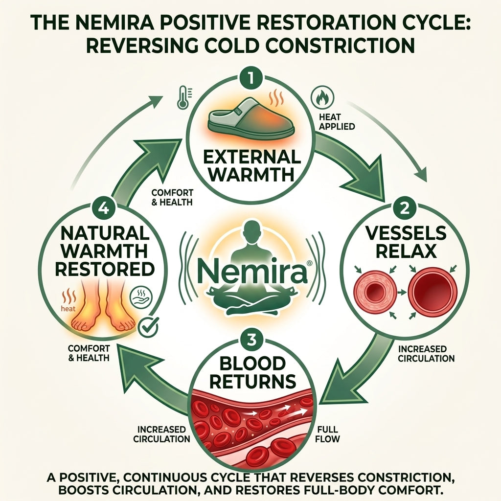 Slot 9 — Diagram, the cycle in reverse. External Warmth → Feet Relax → Blood Flow Returns → Natural Wa...