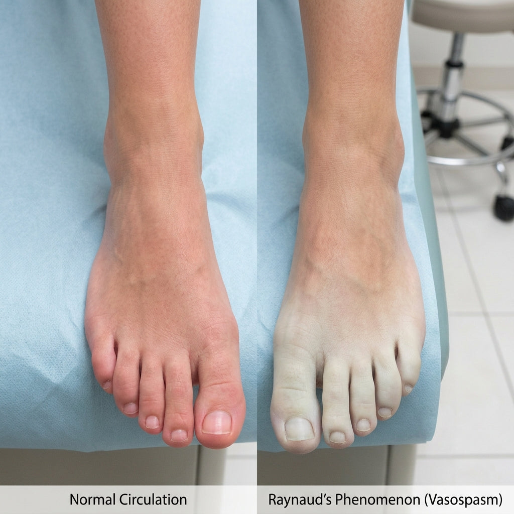 Slot 3 — Side by side: a normal foot with healthy pink colour against a pale, cold foot. Real and natural.