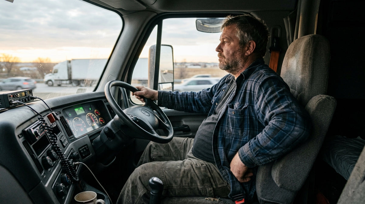 Editorial photograph: a truck driver in his mid-forties, heavy build, work shirt, sitting in the driver’s seat of a semi cab, shot from the side in morning light. His posture is slightly slumped — pelvis rolled back, lumbar curve flattened — and one hand rests unconsciously at the bottom of his back. Face in profile, not looking at camera. Not in pain, just uncomfortable in the way that has become normal. Documentary, not posed.