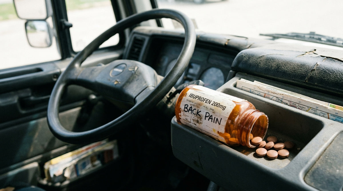 Documentary close-up inside a truck cab: an ibuprofen bottle wedged in the driver-door pocket, lid off, label worn soft from handling, a few brown tablets loose beside it. Steering wheel and worn vinyl just out of focus behind. Daylight through the windscreen, no styling. It should look photographed, not arranged.