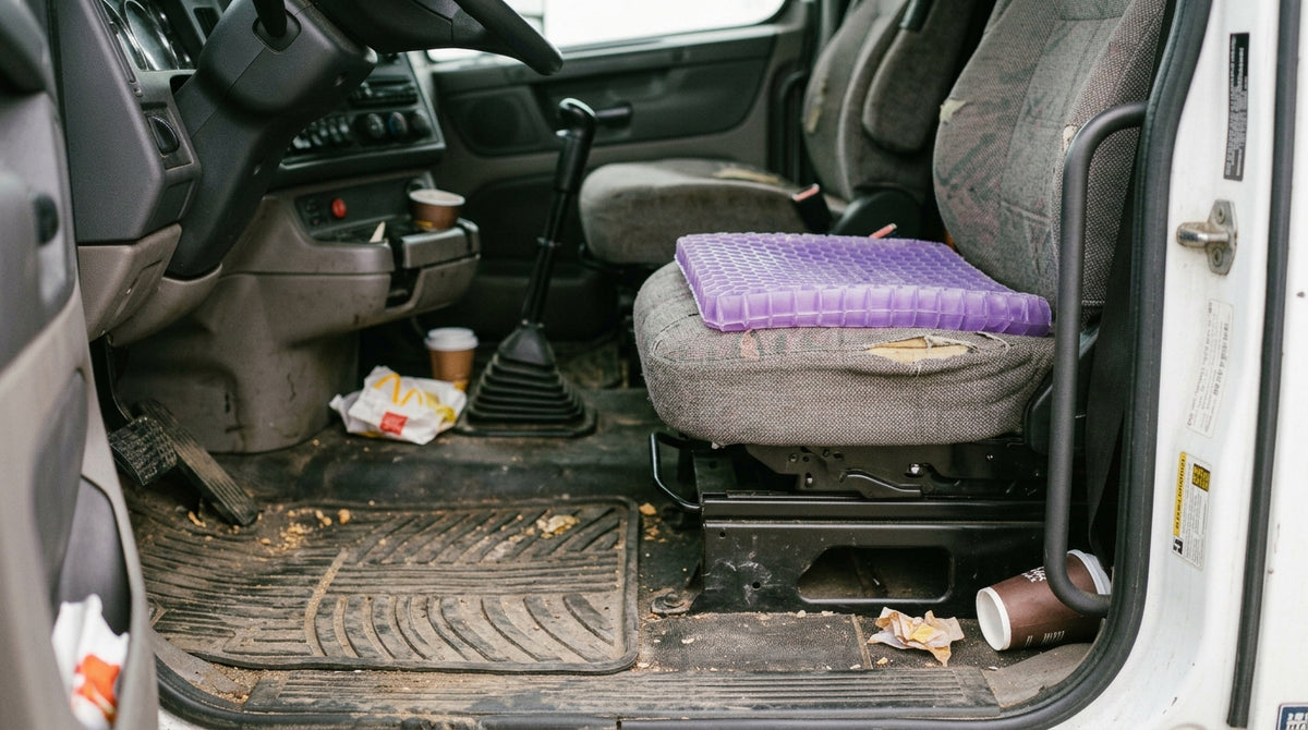 A purple honeycomb gel cushion half off a truck seat, one corner slumped onto the cab floor mat, the grid visibly deformed where it has been sitting folded. Shot low from the open driver door. Everyday mess, not a staged product shot.