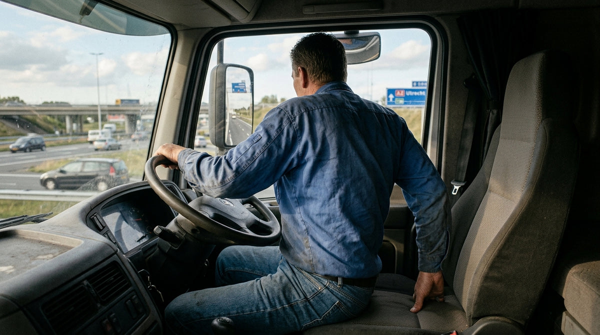 A driver photographed from behind and slightly to the side in the cab, mid-shift, leaning his weight onto one hip — shoulders visibly tilted, one hand pressing down on the seat beside him to unload the other side. Face not visible. Natural light, documentary, caught rather than posed.