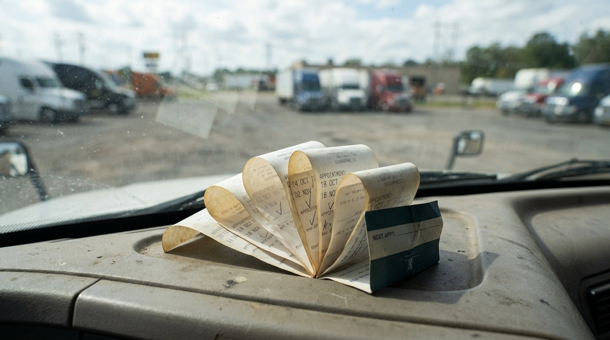 A small fan of chiropractic appointment receipts and a folded appointment card resting on a truck dashboard, dates visible but illegible, curled from the heat. Windscreen and a truck-stop lot soft behind. Quiet and matter-of-fact — the cost of maintaining a problem.