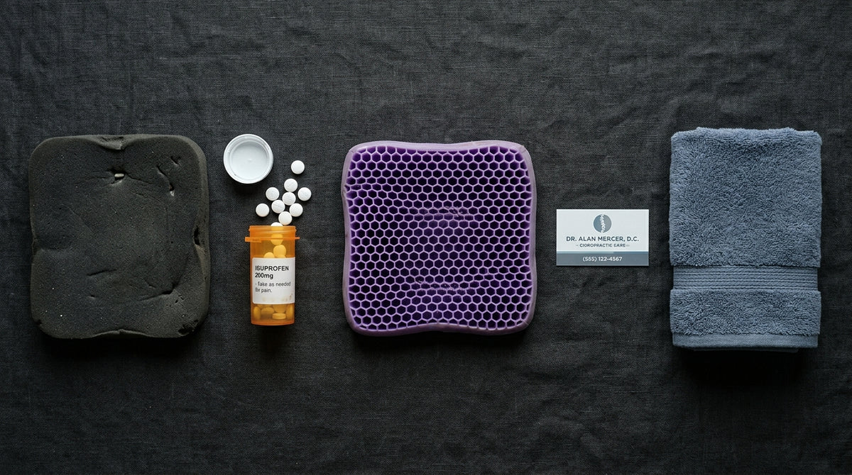Editorial flat-lay on a dark textured surface, shot from overhead like evidence in a case file: a flattened black foam seat pad, an ibuprofen bottle with the lid off and pills spilling, a slightly warped purple gel grid cushion, a chiropractor’s business card, and a folded bath towel, arranged in a loose line. Muted, slightly clinical light. No product visible.