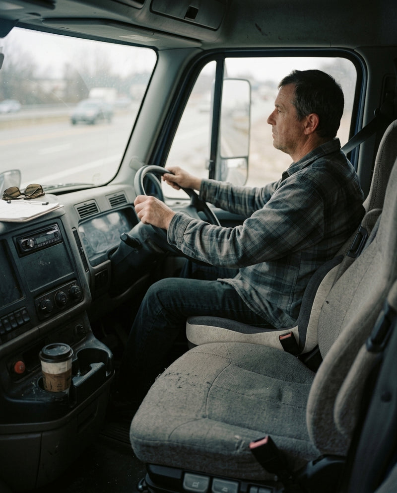 A driver at the wheel of a truck cab