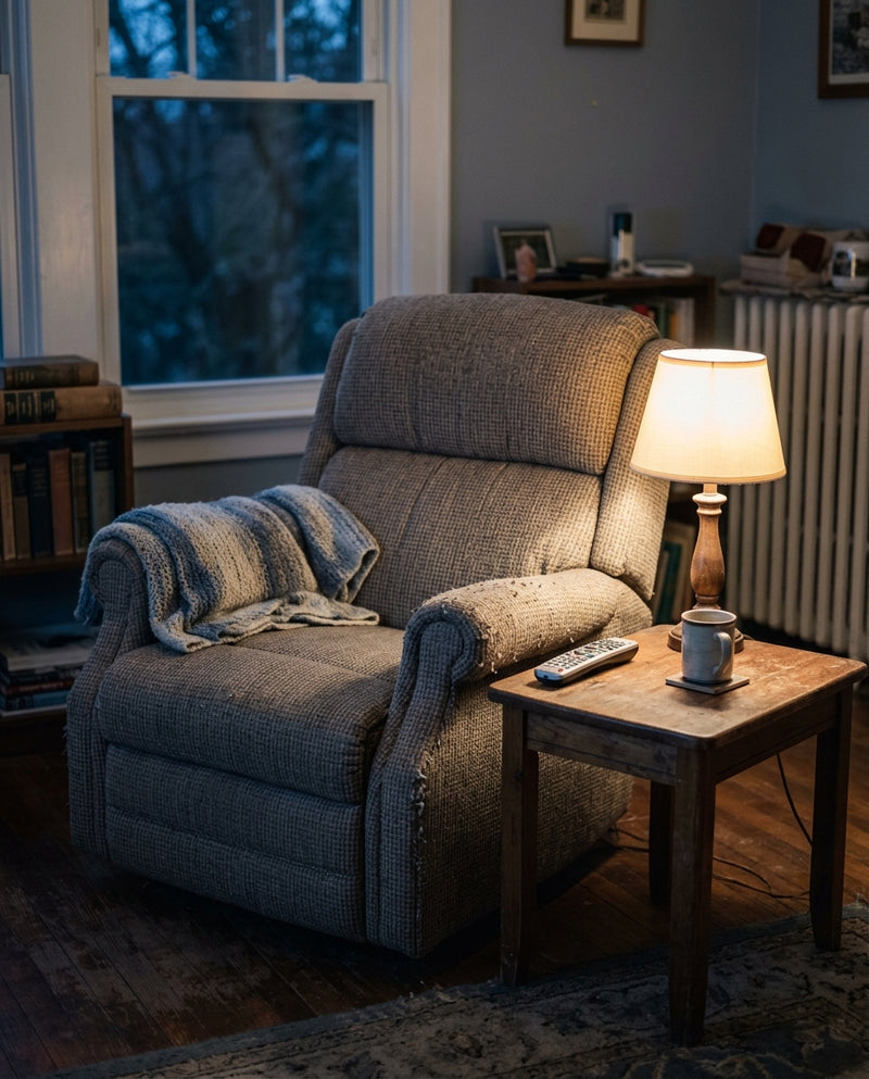 A dining chair and recliner in a home living room