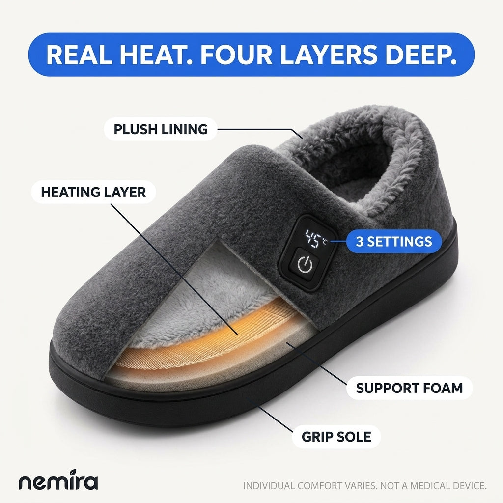 Slot 11 — Close-up of the slipper interior with the heating elements visible, the way a mat brand shows its silver th...