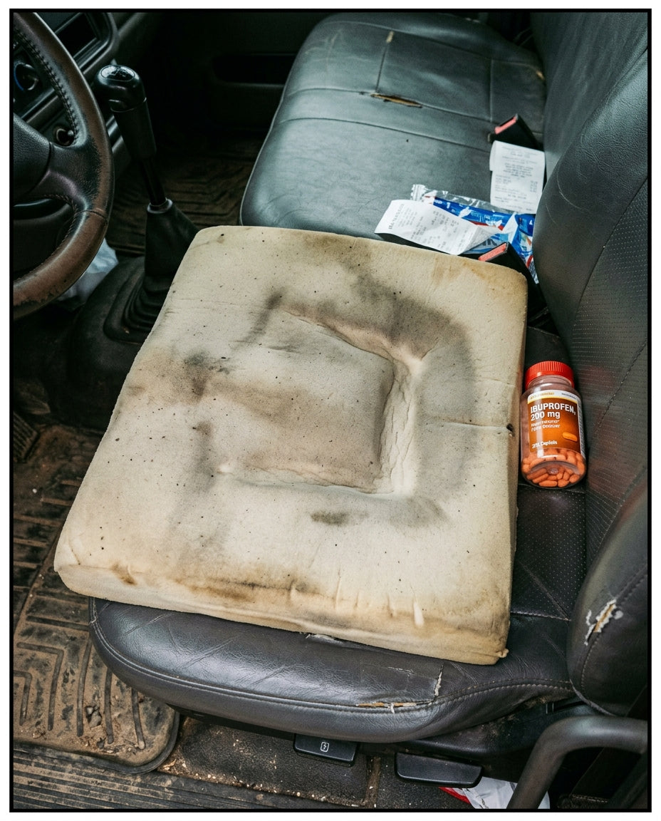 Overhead: a flattened, sweat-discoloured foam cushion on a dark vinyl truck seat, deep body-shaped indentation. A half-empty bottle of generic ibuprofen beside it. Looks like a phone photo from a driver group.