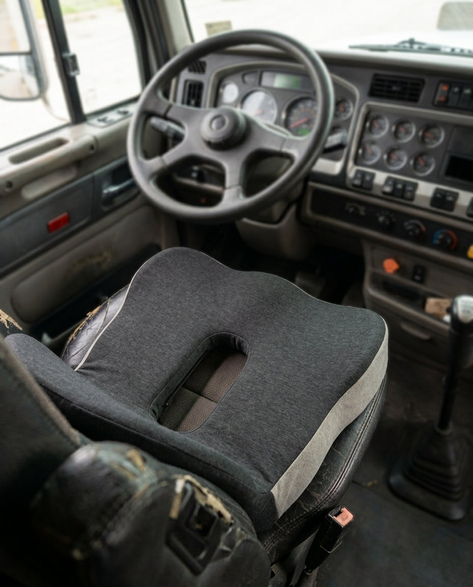 The matte-black L-shaped cushion on a semi driver's seat, 3/4 from above, cutout gap clearly open with the seat visible through it. Wheel and dash soft-focus. Practical, not clinical.