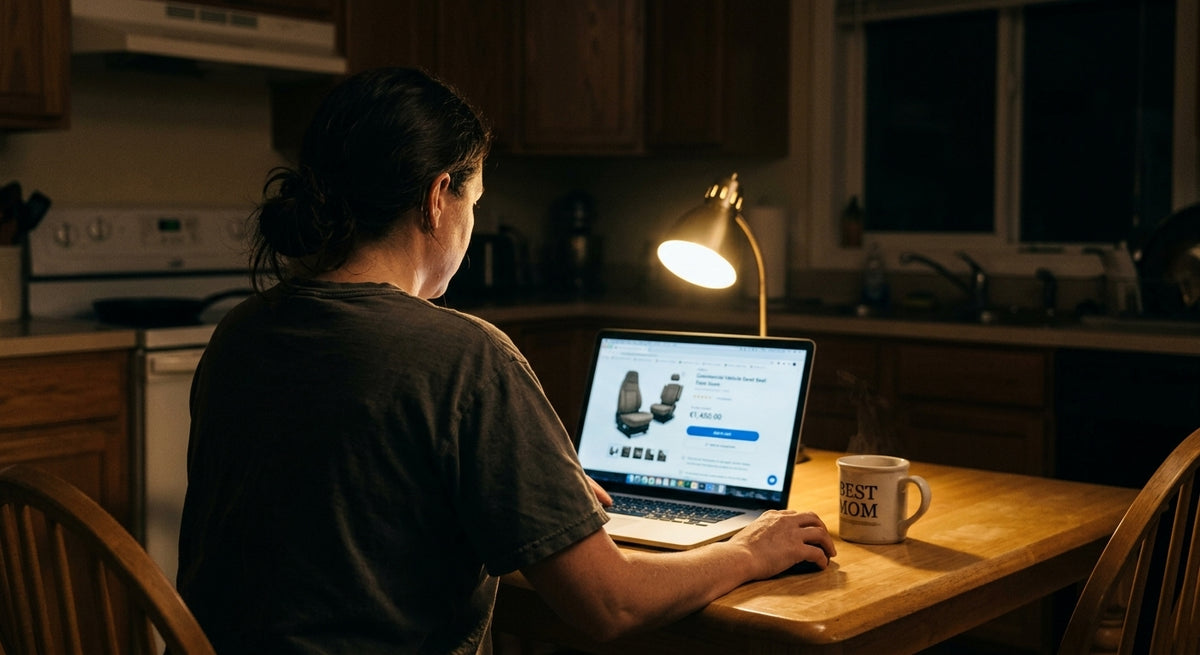 A laptop open on a kitchen table late at night, screen showing a commercial truck seat product listing with a large price. The rest of the room dark, one lamp. A coffee mug beside it. Shot over the shoulder from behind, screen content soft enough to be unreadable. The frame of a woman researching at midnight while the house sleeps.