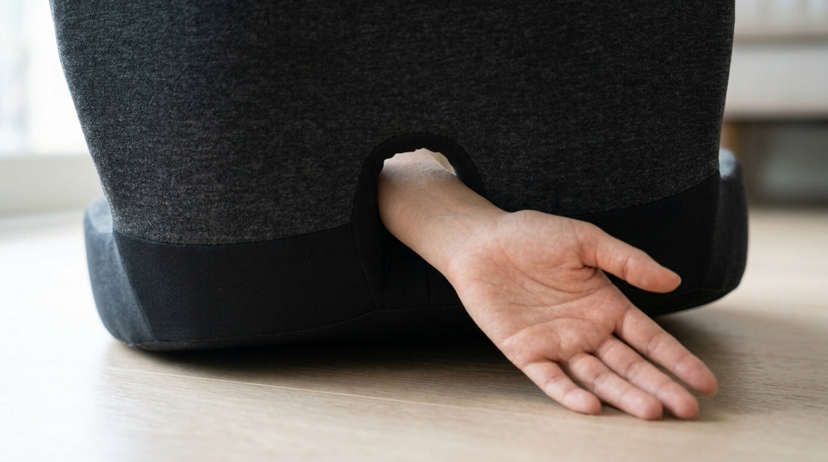 Close-up, natural light: a woman’s hand slid underneath the rear of the black L-shaped cushion, fingers visible through the open coccyx cutout from the far side. The cushion rests on a worn cloth truck seat. Low angle at seat height. The point of the frame is that the gap goes all the way through — you can see daylight. Sharp on the hand and the opening.
