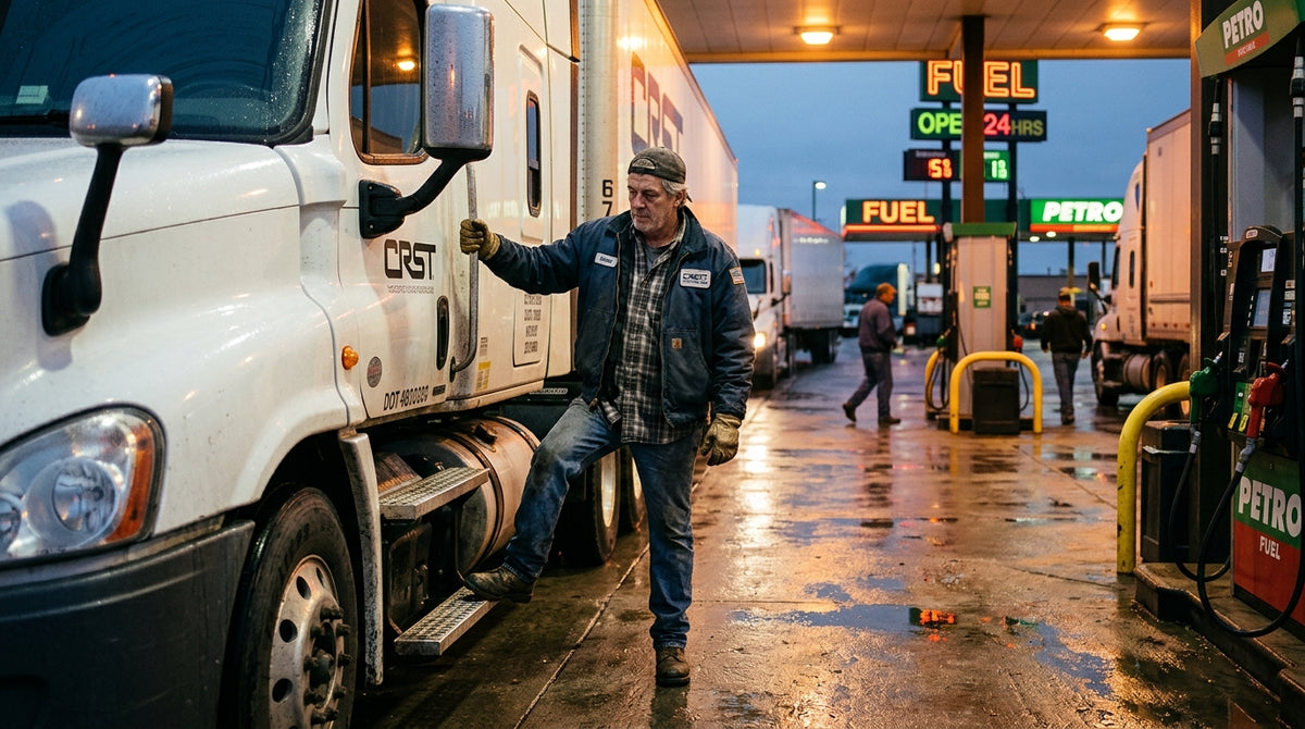 Long-haul driver, mid-50s, stepping down from a Cascadia cab at a truck-stop fuel island at dusk. Gripping the grab handle, weight on one leg, posture stiff. Sodium-vapour light, wet asphalt. Documentary, not stock.