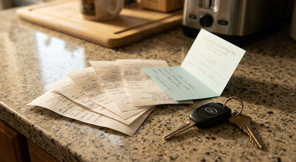 A small fan of chiropractic appointment receipts and a folded appointment card on a kitchen counter, beside a set of car keys. Dates visible but not legible. Warm domestic light, early morning. Quiet and matter-of-fact — the cost of maintaining a problem.
