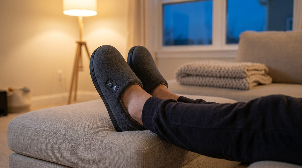 Feet up on an ottoman in Nemira heated slippers, evening light