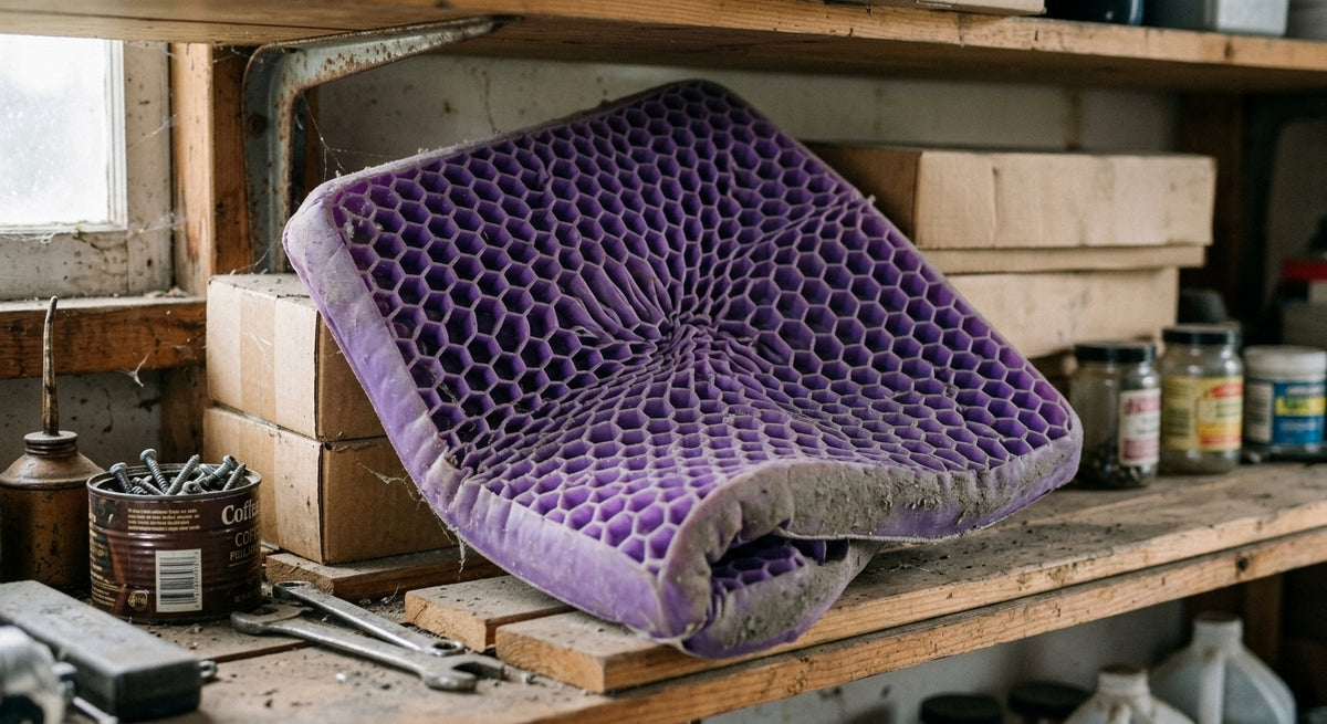 A purple honeycomb gel seat cushion resting at an angle on a garage shelf, the grid visibly deformed where it has been stored folded. One corner curling. Flat natural light, dust on the surface. Documentary, not product photography.