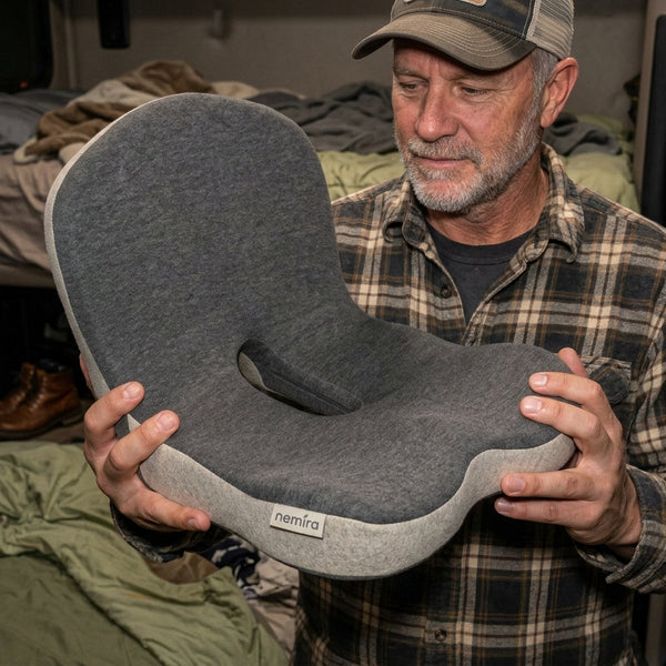 The cushion in place in a truck cab driver seat