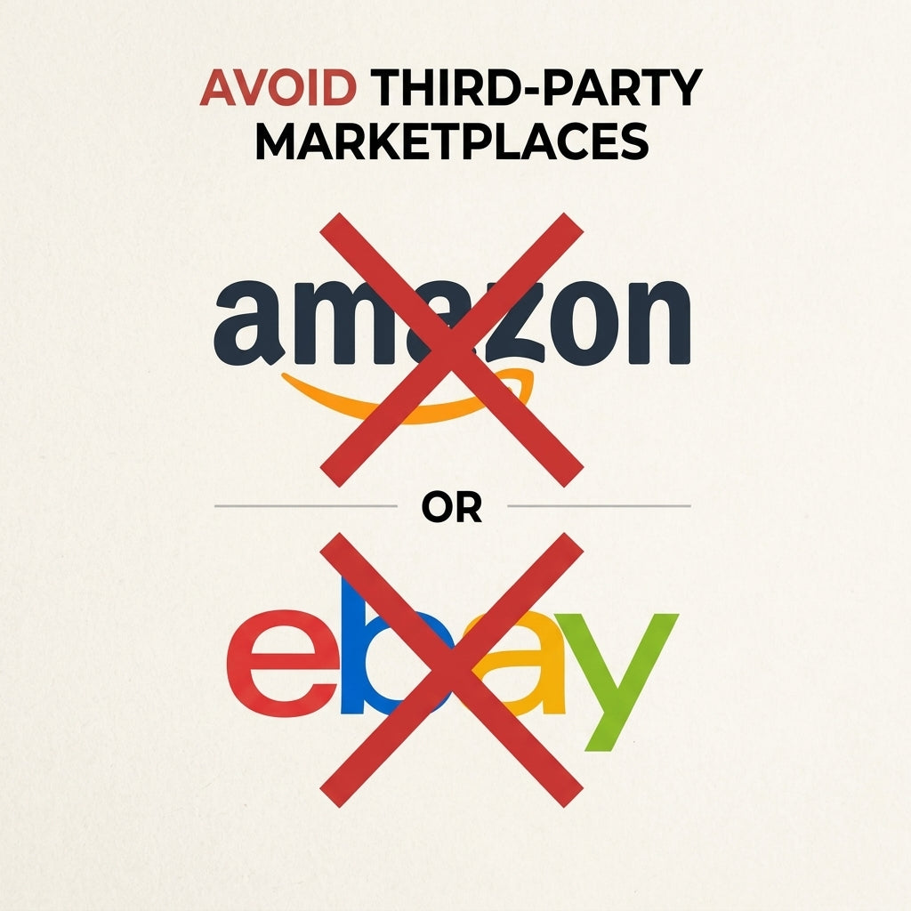Slot 17 — Graphic: Amazon and eBay logos crossed out beside the Nemira box and website.