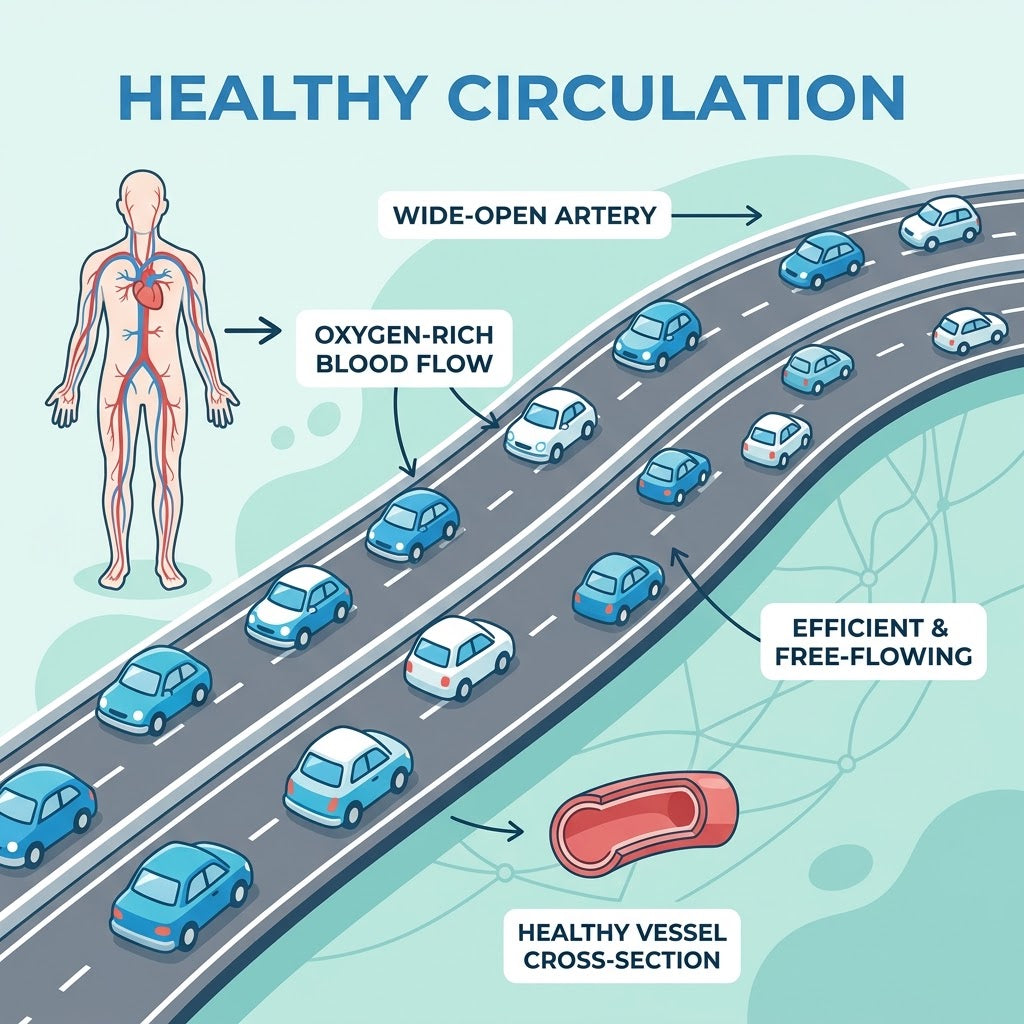 Slot 5 — Illustration. A highway with cars flowing freely, standing in for blood flow. Clean, simple, labelled &ldquo...