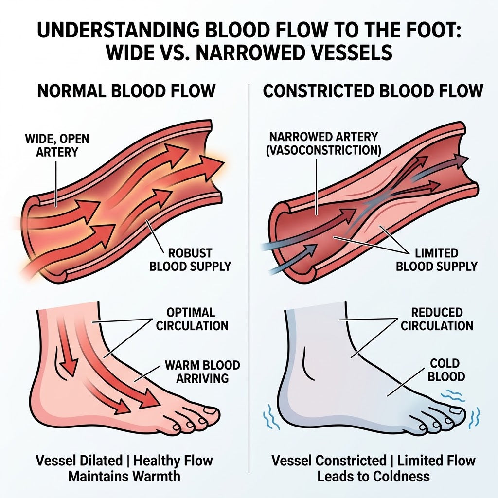 Slot 4 — Diagram. &ldquo;Normal Blood Flow&rdquo; left: wide-open vessels, arrows carrying warm blood to the feet. &l...