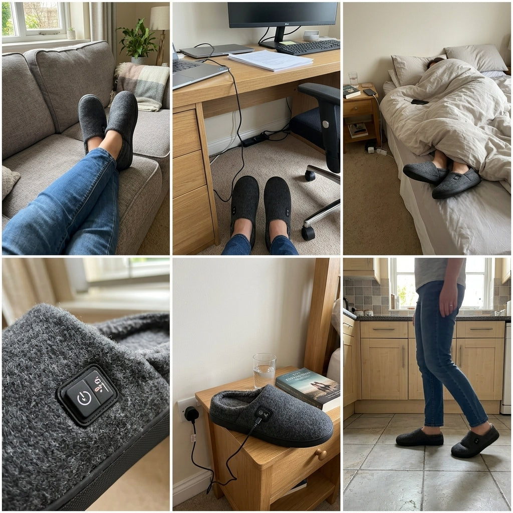 Slot 12 — Collage of 6 to 8 product-in-use photos: feet on a couch, at a desk, in bed, the heat close up, the chargin...