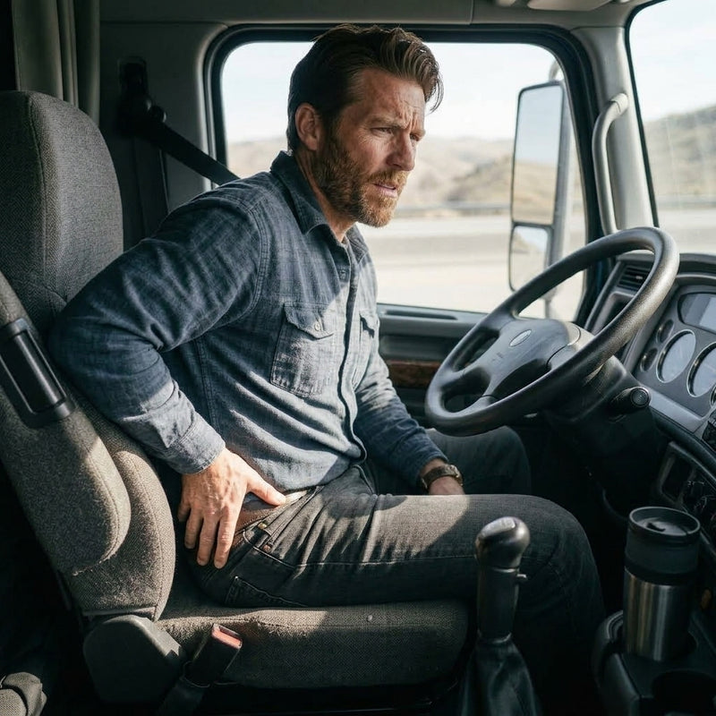 Driver leaning onto one hip, shoulder dropped, mid-run