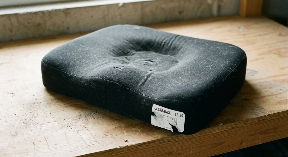Tight product photograph on a plain garage shelf, natural light. A cheap black memory-foam seat pad, seen at a low angle so the compressed hollow in the centre is unmistakable against the still-full edges. Slightly dusty, price sticker half peeled. Nothing styled — this is evidence, not merchandising.